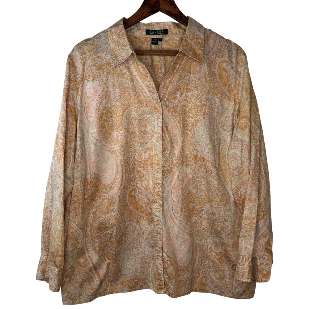 Lauren Ralph Lauren Womens 2X Peach Paisley Cotton Button Down Shirt Long Sleeve